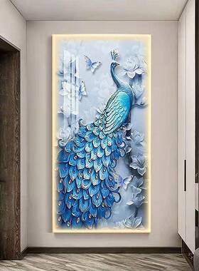 L新中式XXD孔雀入户玄关饰画走廊高过装道竖版ED灯光画现代档装饰