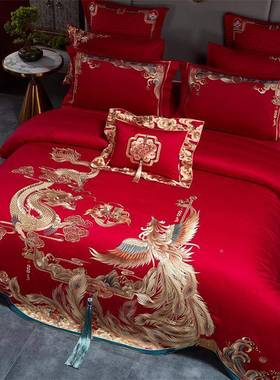 0s4hft-55贡缎结婚件套婚庆长绒棉龙凤四红色纯棉被套刺绣大1红陪