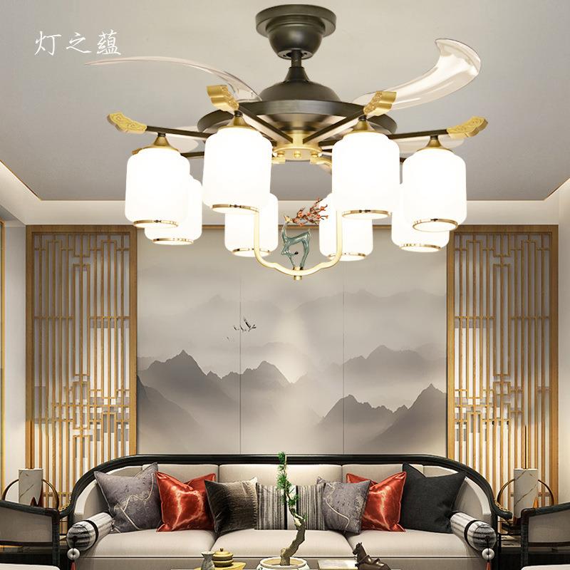 新式厅风扇餐灯客厅吊扇7119灯中国风卧室中书房家用遥控隐形风扇