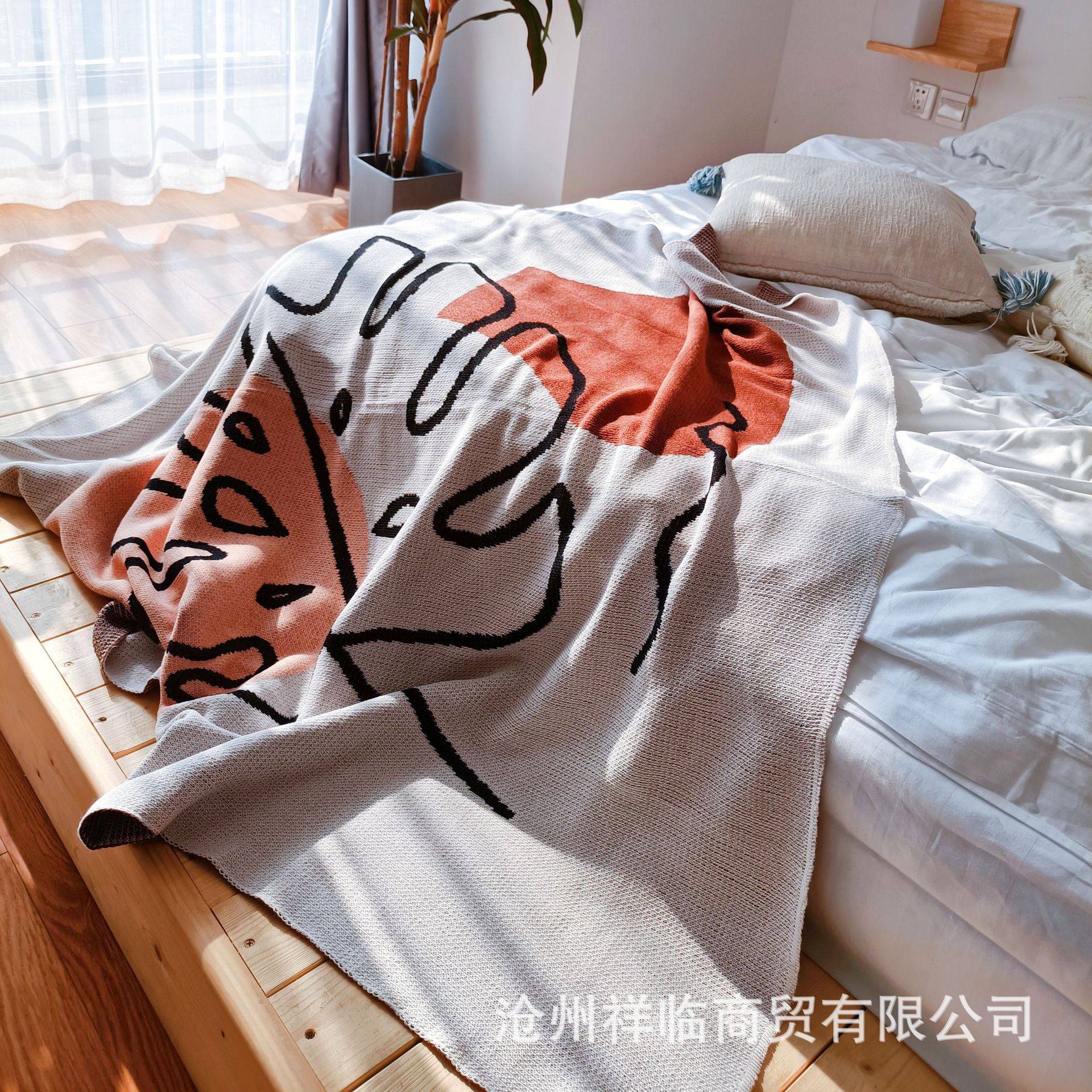 美式针织镂空叶图案毯毛毯针织毯毛线毯子沙发盖毯毯子支持