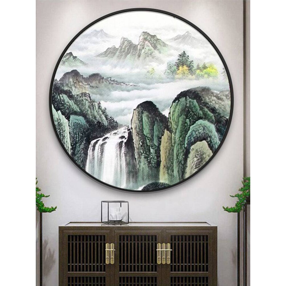 LED灯新中式装饰画聚宝盆山水画客厅风水玄关山水圆形挂画发光