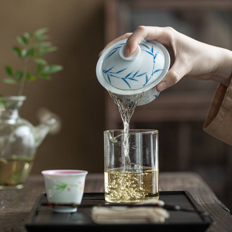 泥人述 高白瓷手绘满彩蓝竹三才盖碗 釉下彩竹子防烫泡茶碗带壶承