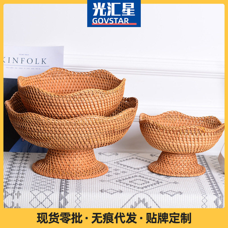 越南藤编手工编织高脚托盘家用野餐篮收纳篮面包水果点心收纳托盘