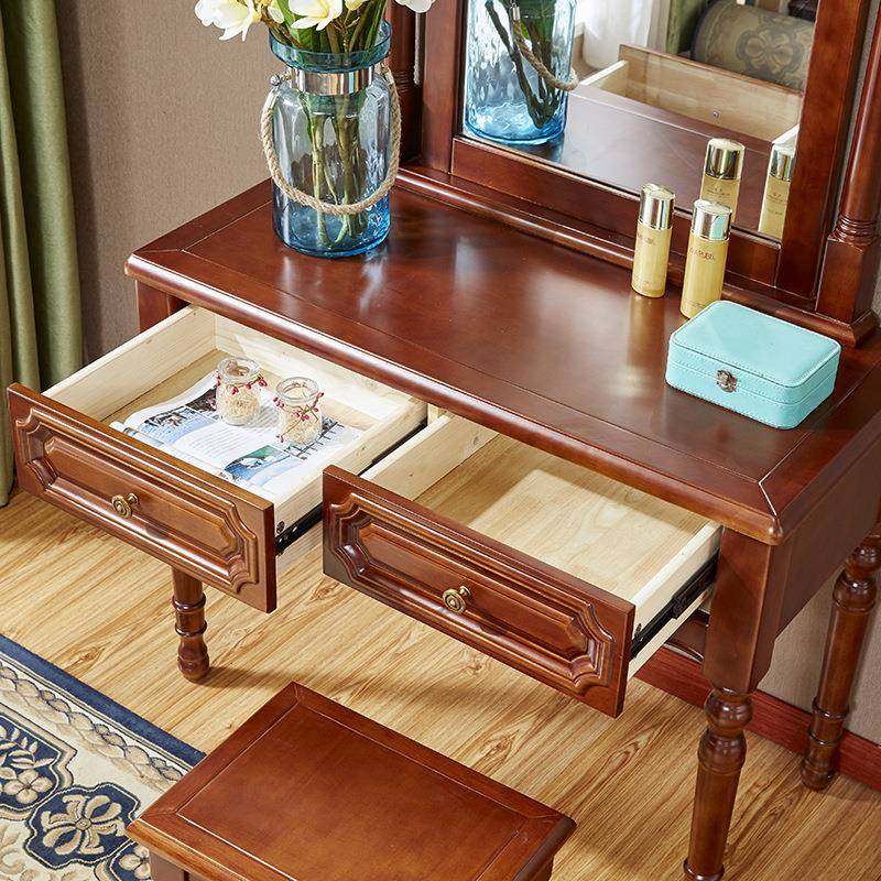 实木梳妆台卧室带镜村子式乡QUU化妆美台欧凳子组合98公分尺寸式