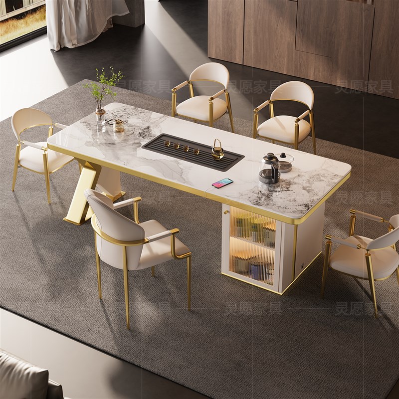 高级感美容d院接待洽谈桌轻奢现代办公一体泡茶台岩板茶桌椅组合