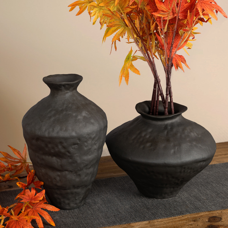 复古黑色陶瓷花瓶客m厅插花玄关民宿禅意茶室水培侘寂风陶罐摆件