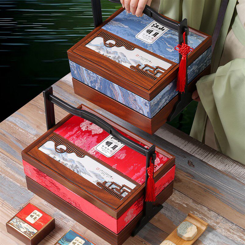 2025高档木纹双层月o饼礼盒包装盒空盒8/10粒中秋节提篮月饼盒定