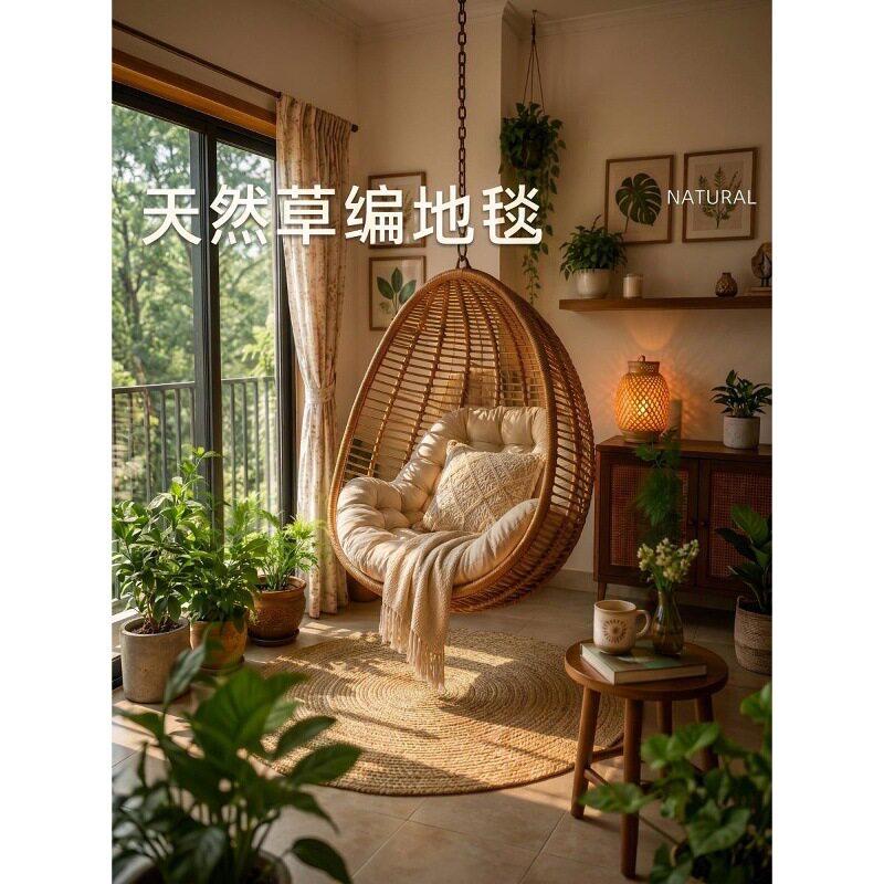 千秋吊篮藤编地垫猫抓垫圆形卧室床边垫子日式榻榻米飘窗草编地毯