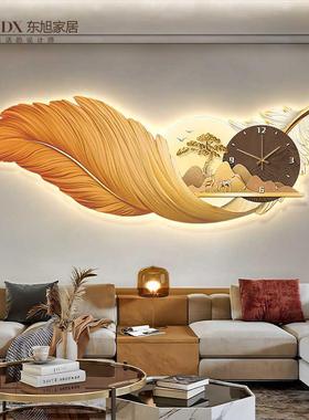 羽毛厅装饰餐画带钟表水轻奢鹿挂画发光新中式厅山时钟leMY-10110