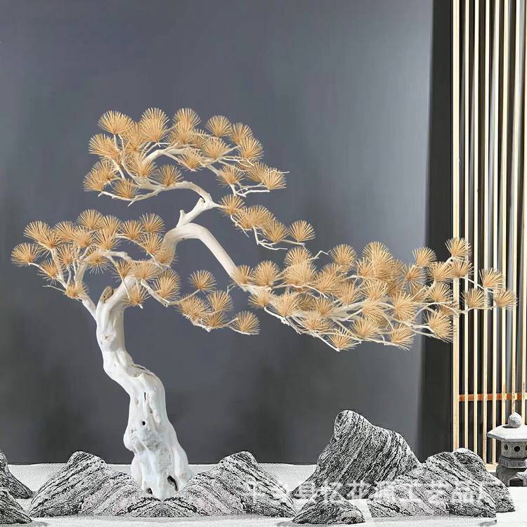 仿真松树大型室内装饰迎客松摆件实木雕刻假树盆景中式枯山水造景
