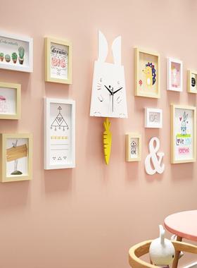 实木_2774饰卡通片墙兔摇摆钟表装挂画7274儿童相框能换照相片真