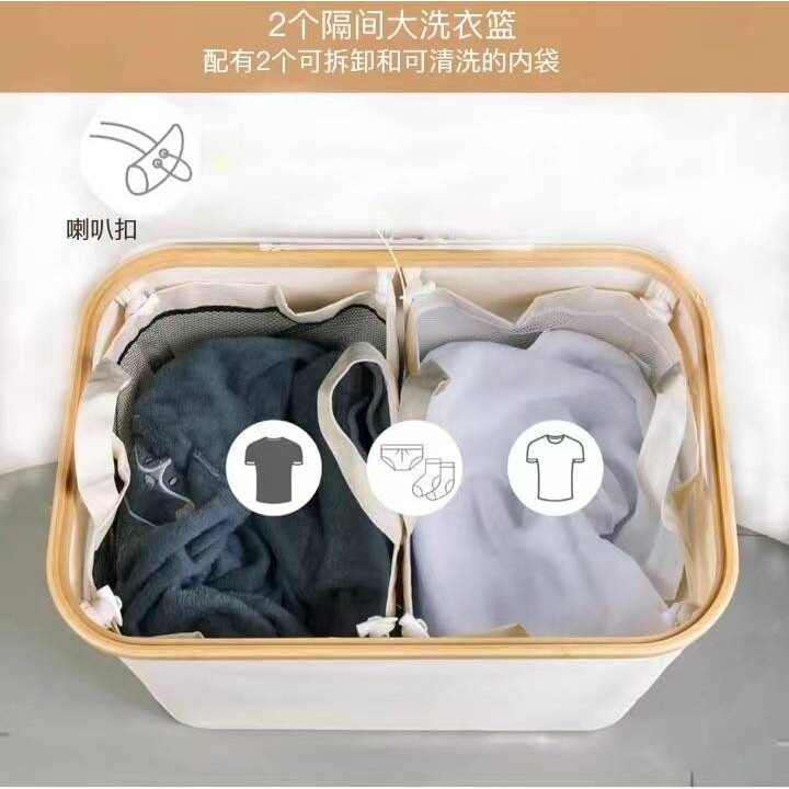 跨境150L竹制脏衣篮卧室配内袋衣服收纳筐浴室大号脏衣篓可折叠