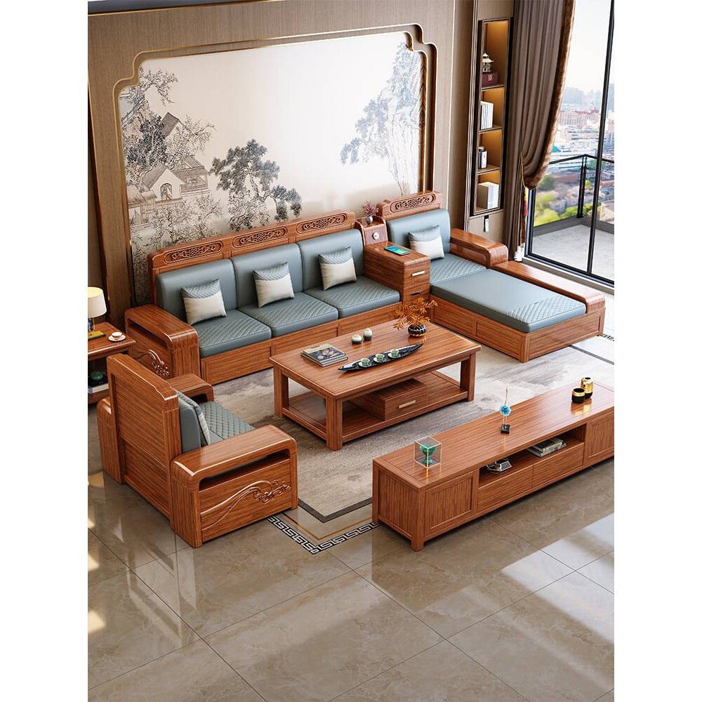 中式胡桃木实木沙发客厅组合家用小户型冬夏两用客厅转角贵妃储物