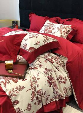 现代婚庆全棉四件套纯棉被100支结婚婚数码印花床套上用品房TGH套