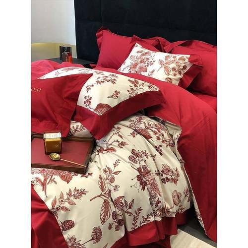 现代婚庆全棉四件套纯棉被100支结婚婚数码印花床套上用品房TGH套