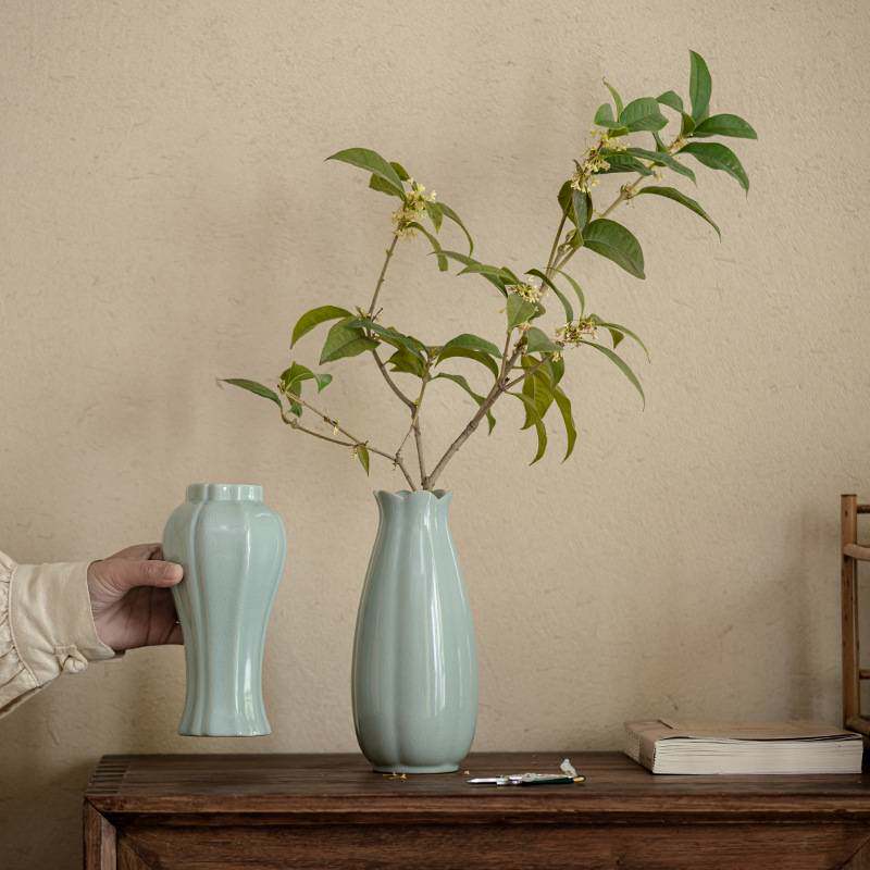 汝窑花瓶摆 陶瓷现代简约花器家居摆设茶具花插陶瓷台面天青玄关