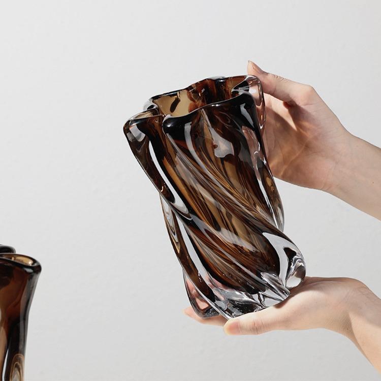 现代轻奢瓶茶玻茶色玻璃璃花插客厅餐桌花吧台氛围感软装饰桌面摆