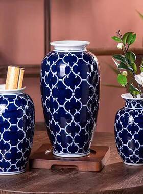 新中式青花品瓷陶花瓶摆件餐桌卧室插花瓷装饰酒民SIN宿店