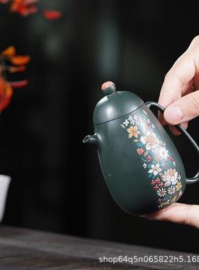 宜兴正宗手工绿泥彩绘原内推高蛋紫砂壶64812大容量家用龙泡矿茶壶套装