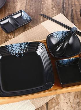 餐式料理具套装密胺仿瓷色汤碗炒52132饭碟日子黑四方形盖浇饭盘