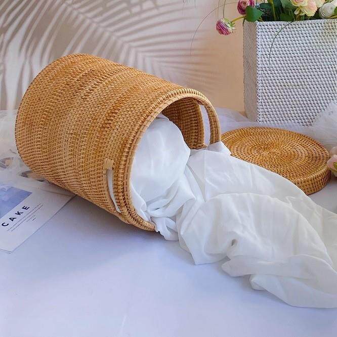 藤脏收纳桶衣轻奢脏衣服收筐编织桶篓带盖家用纳编圆形大号脏衣篮