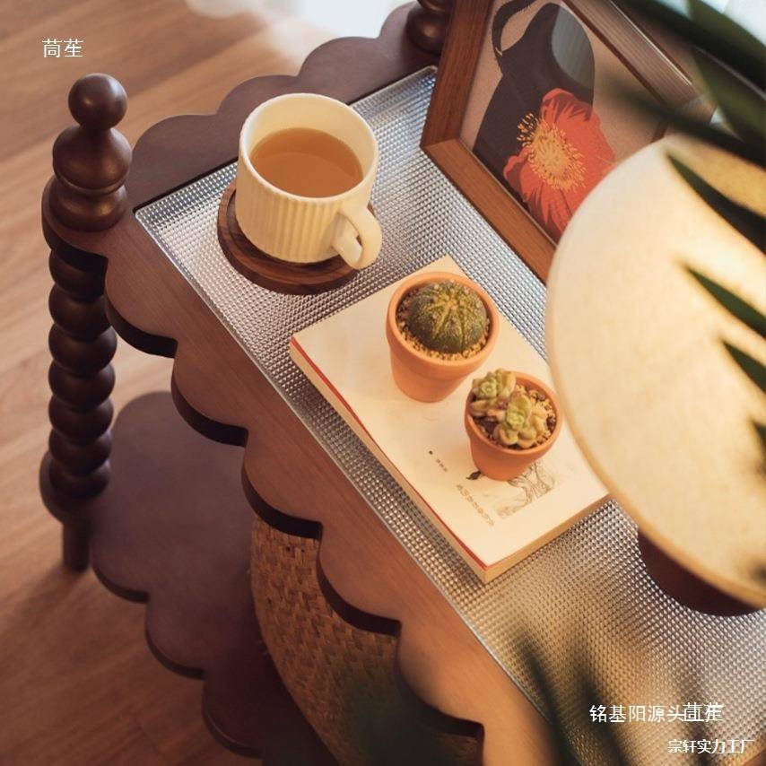 法式中复古胡桃实木客餐厅沙发阳台可移动边茶几卧室床头尾置物架