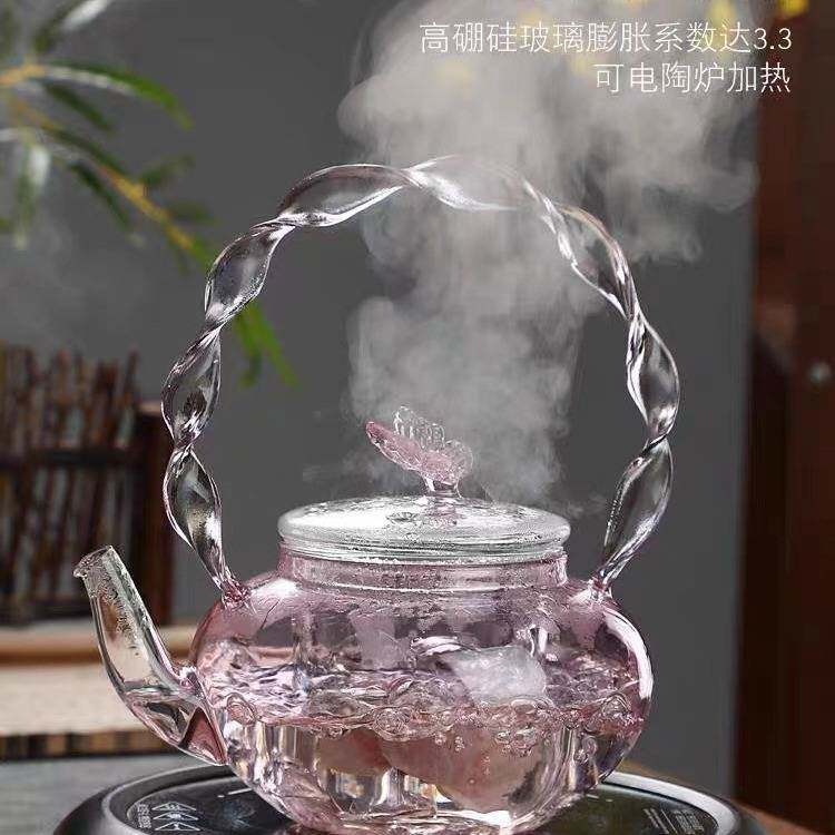 粉色蝴蝶养生壶泡茶壶高硼硅玻璃煮茶壶家用茶具电陶炉煮茶提梁壶