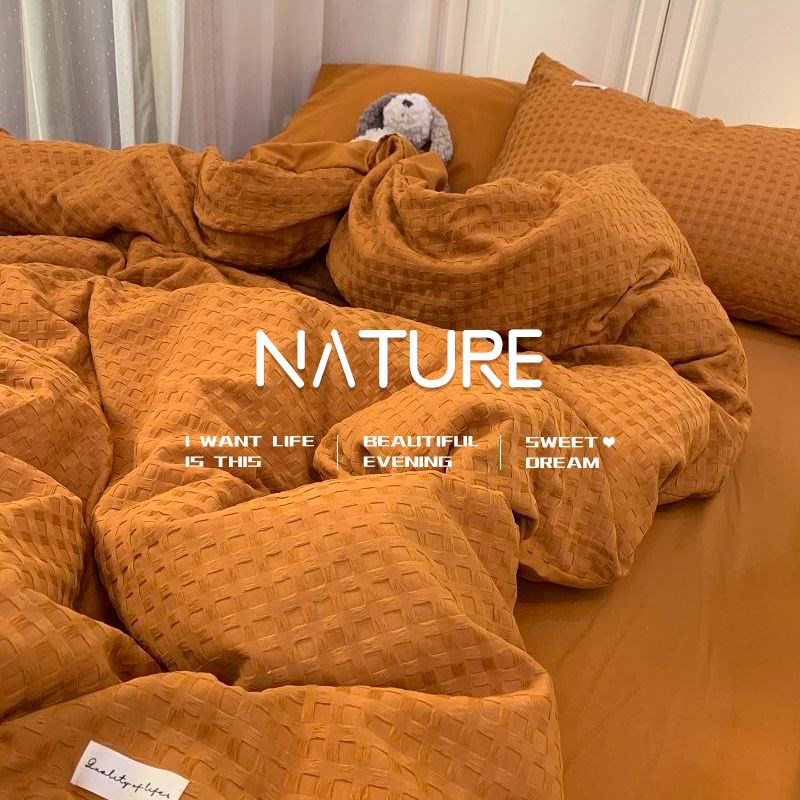 高端轻奢JcK暖橘色水洗棉床上四件套单人棉被套男女生被单床单宿