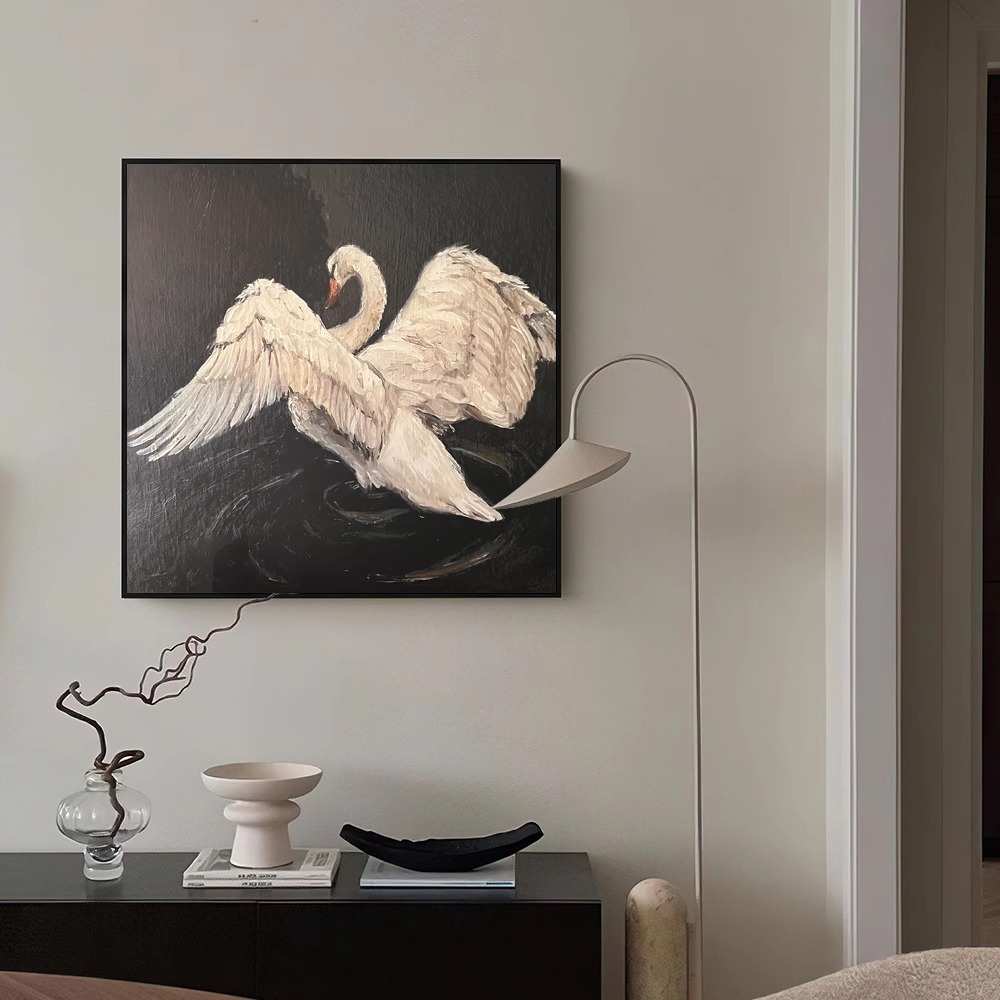 中古大气感清冷白天鹅装饰画茶室卧室客厅书房民宿桌面摆画装饰画