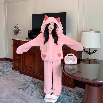 珊瑚绒睡衣女秋冬季加绒加厚新款爱心口袋法兰绒家居服套装可外穿
