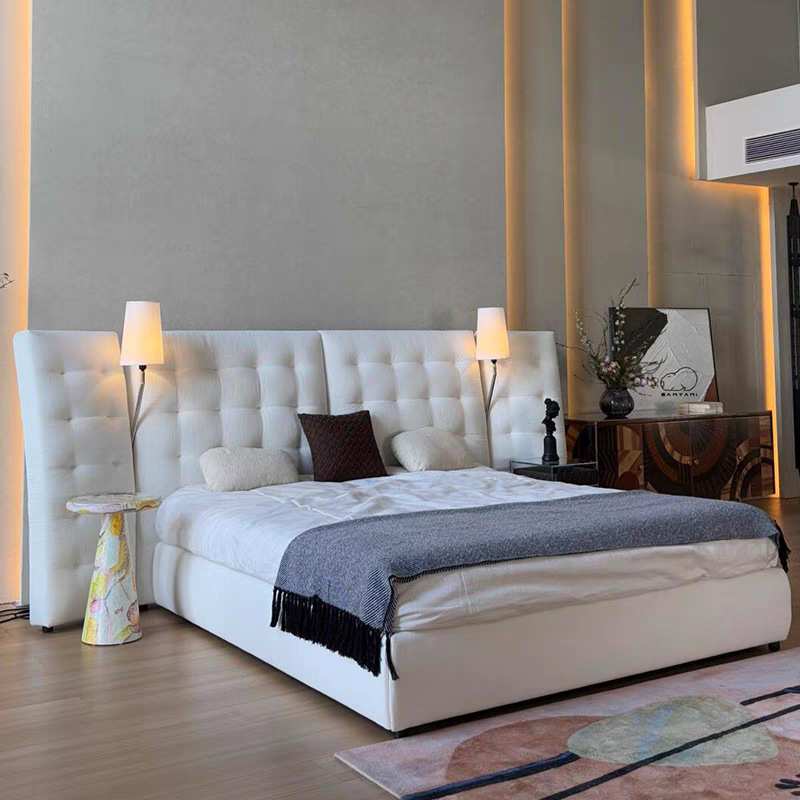 Flou Angle天使床棉麻雪尼尔布艺床设计师款高靠背卧室带灯宽屏床