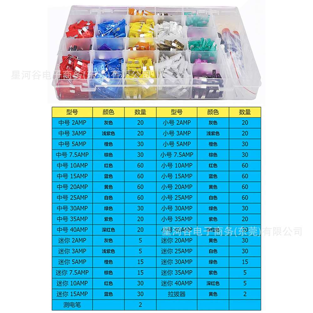 跨境1011PCS盒装 锌片2-40A 中号小号迷你汽车插片式保险丝保险片