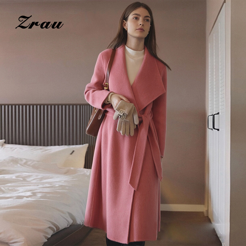 新款双面呢收腰中长外套女