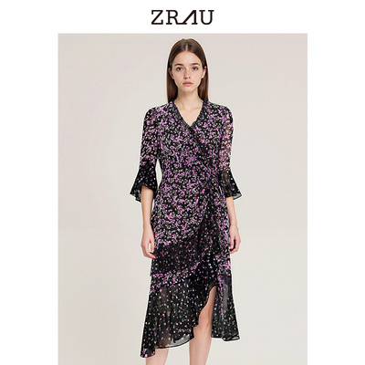 【直播限定】ZRAU夏季奢印花V领喇叭袖不规则连衣裙Z1242L0069