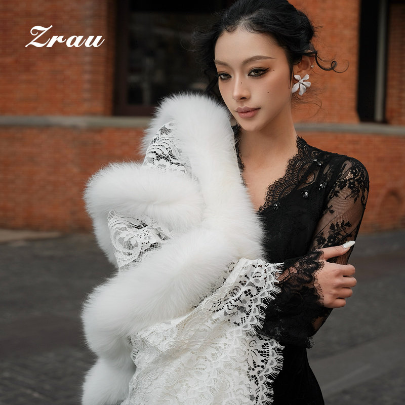 ZRAU【博主同款】2026春季商场新款狐狸毛拼蕾丝温柔氛围感披肩女