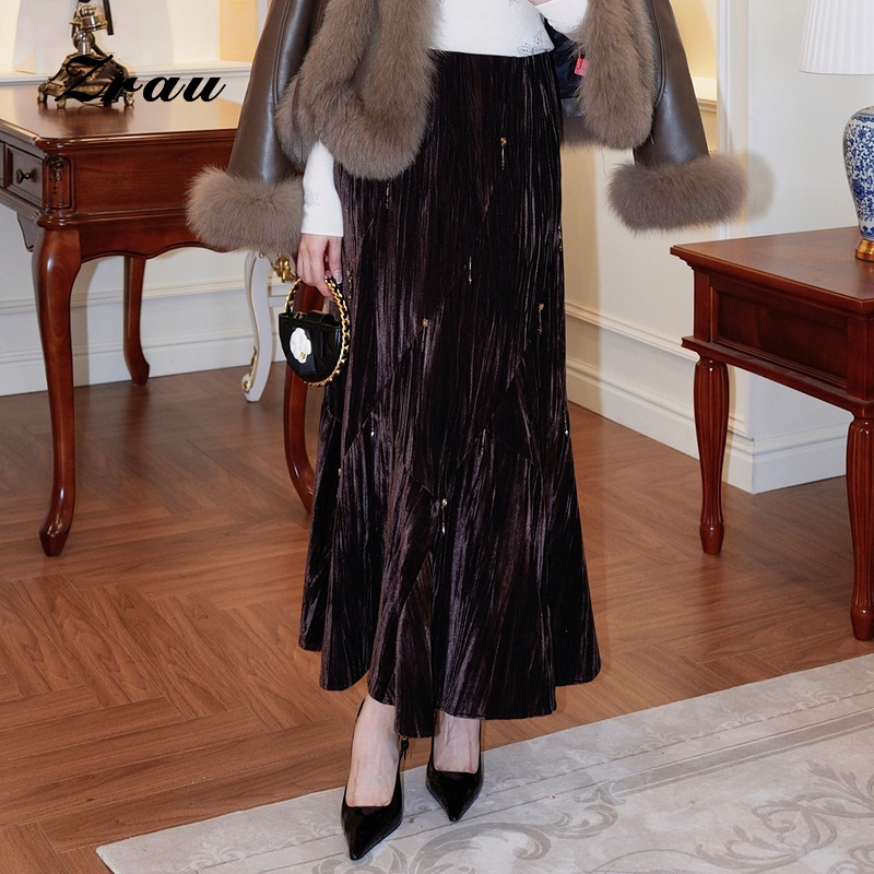 丝绒高腰褶皱复古长裙