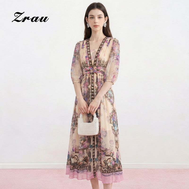 ZRAU复古宫廷风花卉印花V领中长裙2026夏季新款桑蚕丝100%连衣裙