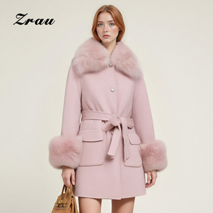 ZRAU高级感温柔狐狸毛保暖双面呢大衣2025冬季 收腰绑带外套 新款