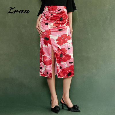 花卉中长裙侧开叉半身裙