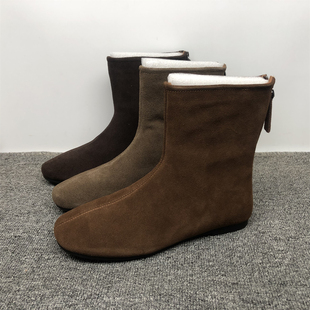 品牌撤柜真皮勃肯短靴女2025秋新款后拉链软底牛皮瘦瘦靴时尚单靴