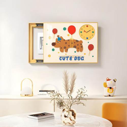 多巴胺电表箱装饰画带钟表可爱波点猫配电箱免打孔遮挡挂画