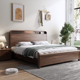 新中式胡桃木实木床双人床头储物硬床板加厚2米x2米大床200×220