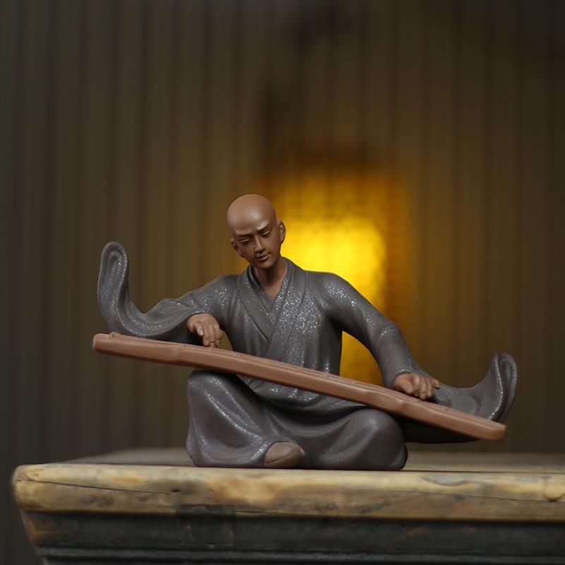 紫砂摆件禅意人物工艺品抚琴和尚玄关博古架装饰品家居复古中式