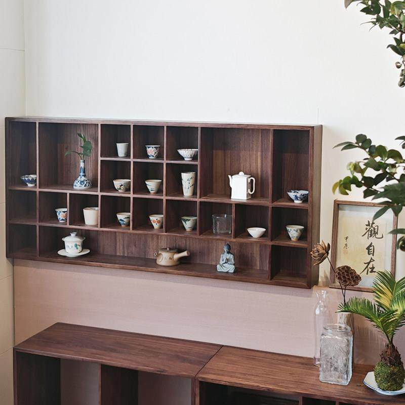 新中式乌金木实木壁挂茶具摆件收纳展示架墙上博古架多宝阁置物架
