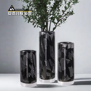 黑色银箔琉璃花瓶圆直筒水培插花器现代家居样板间售楼处装饰摆件