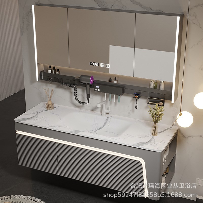 轻奢风岩板热弯一体盆橡木浴室柜组合吊柜多功能镜柜洗手洗脸洗漱