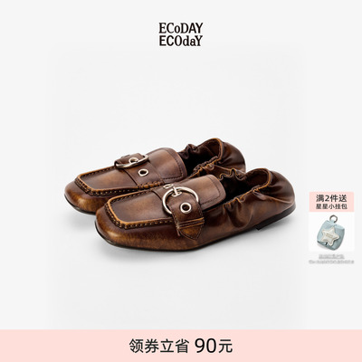 ECODAY乐福鞋懒懒棕带扣方头鞋平底棕色皮鞋女士复古风秋冬