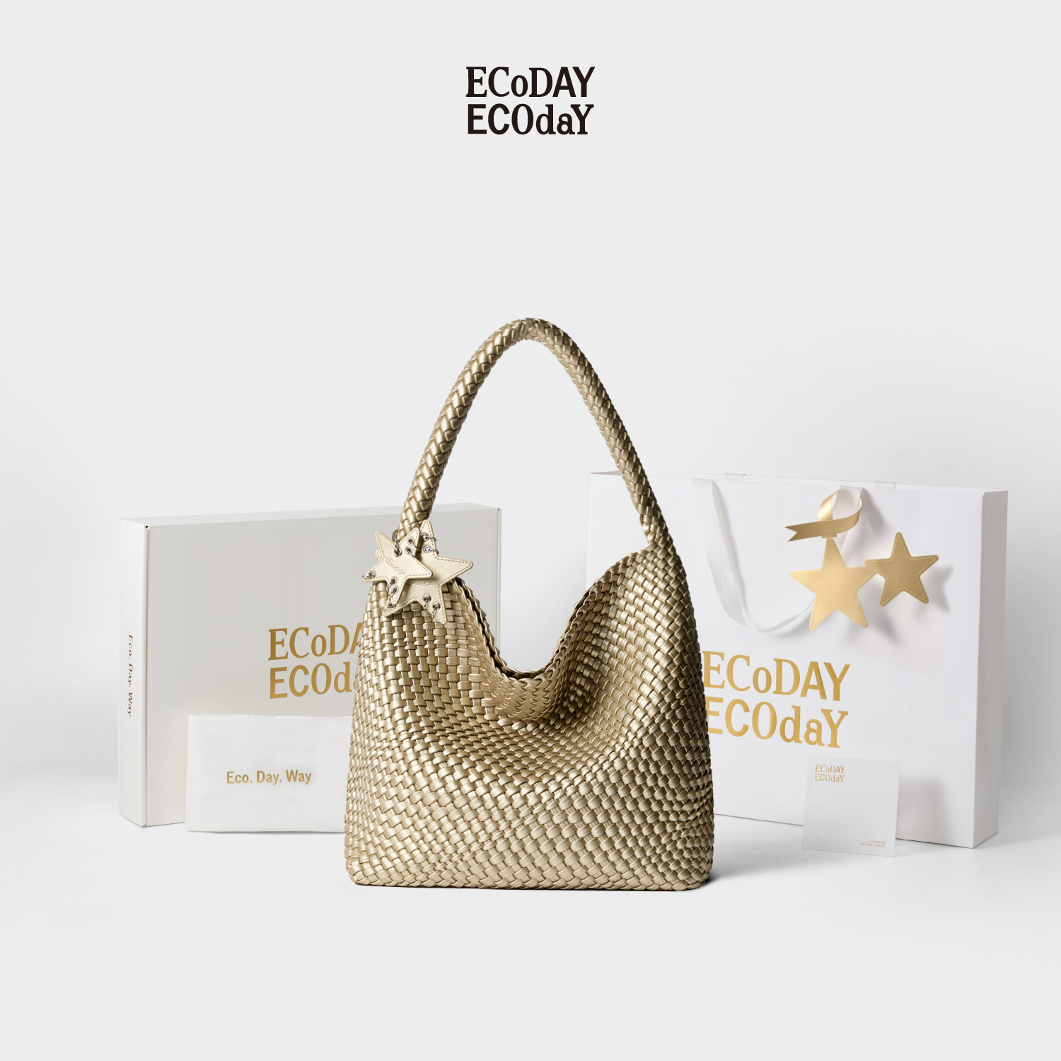 ECODAY限定礼盒香槟色编织托特包大容量情人节送礼生日礼物