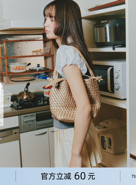 ECODAY春夏季编织托特包小号香槟色小包通勤手提单肩包女红色婚包