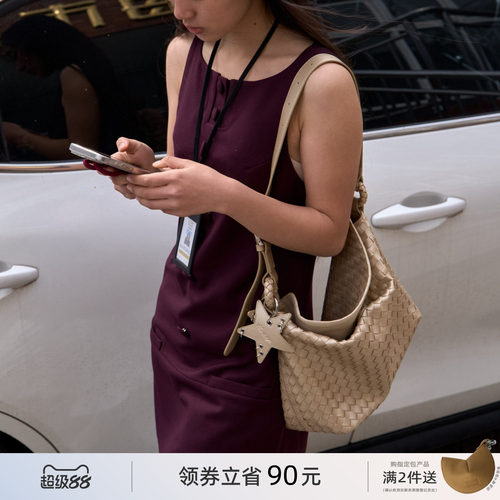 ECODAY春夏新品香槟色编织包大容量通勤托特包女单肩慵懒手提包包